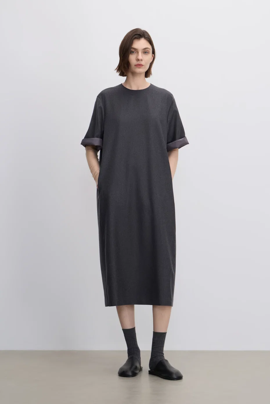 Charcoal oversized short-sleeve midi dress.
