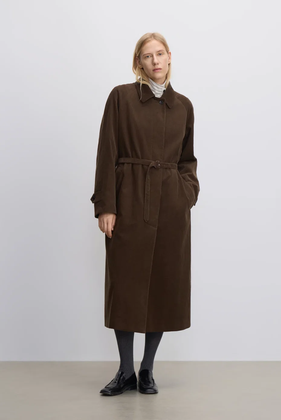 Brown belted corduroy midi dress.